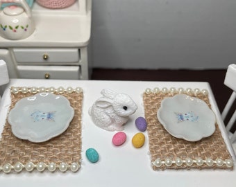 Miniature Easter Table Setting Mini Easter Plates, Pearl Placemats, Mini Easter Bunny & Mini Easter Eggs