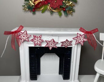 Dollhouse 1:12 Miniature Christmas Snowflake Garland/Banner 4 1/2”—Miniature Red and White Snowflake Garland—Mini Xmas Cake Banner/Pennant