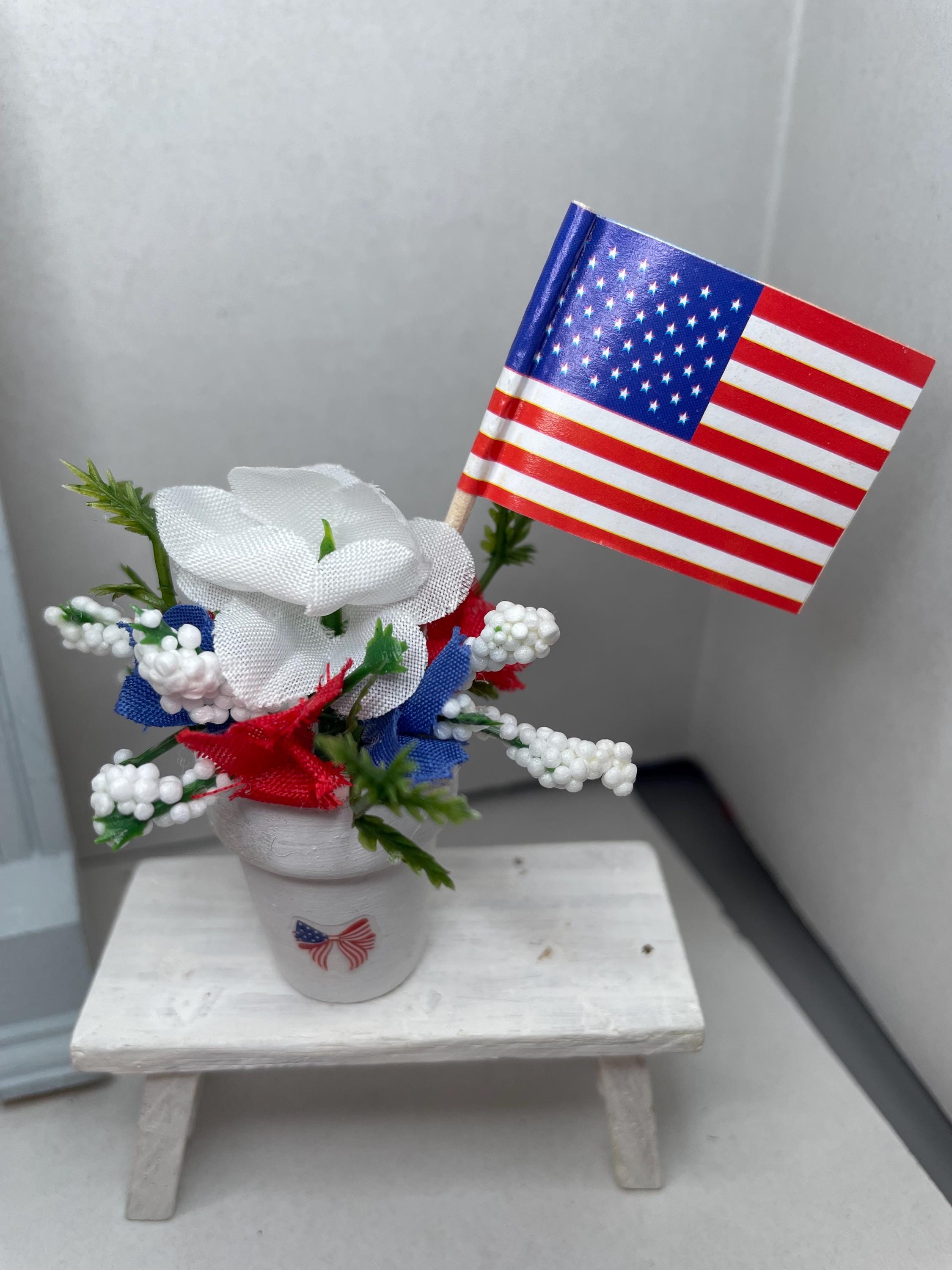 Dollhouse Miniature 1:12 Patriotic Outdoor Flag Flower Planter 3”—Mini July 4th Flower Planter