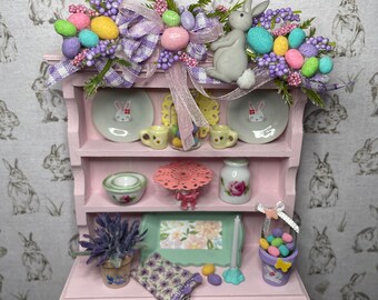 Miniature Easter Pink Hutch Filled Mini Easter Decor & Mini Easter Bunny Swag Arch
