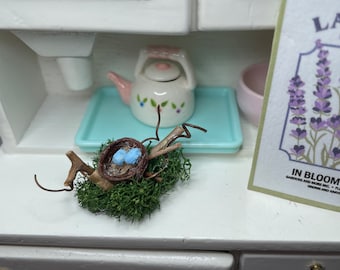 Miniature 1:12 Birds Nest with Blue Birds Eggs