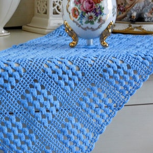 Vintage crochet blue doily. Fireplace Runner. Crochet table runner. Long crochet table linen. Grandmother&#39;s chest. Table center doily.