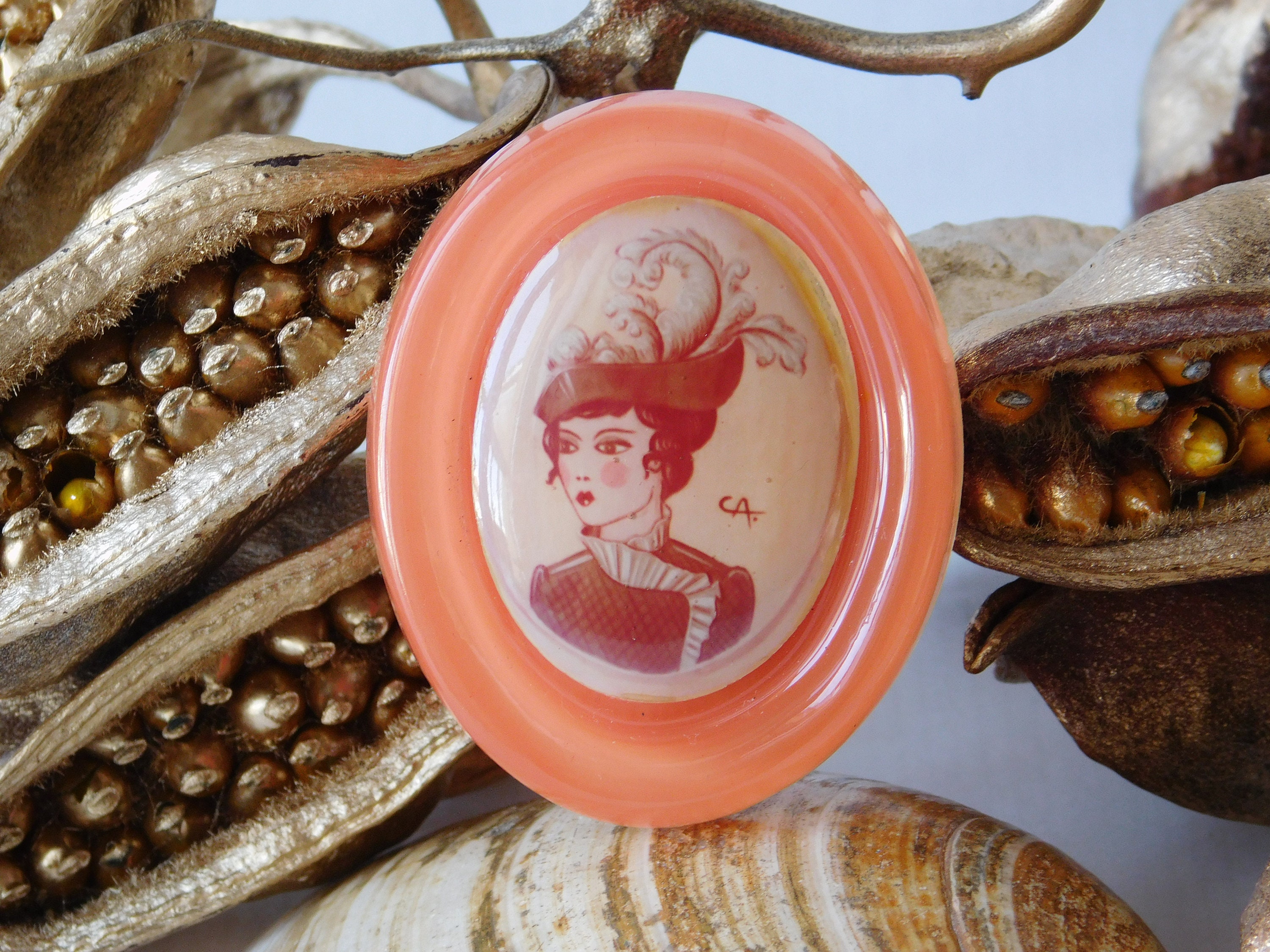 Broche Vintage Camée En Rhodoïd/bakélite - Multicolore - Bon état - Bijou Rétro