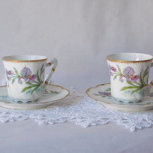 Antique coffee cups and saucers Limoges Iris Art Nouveau. Collectible fine porcelain l Limoges France, after 1891. Christmas gift.