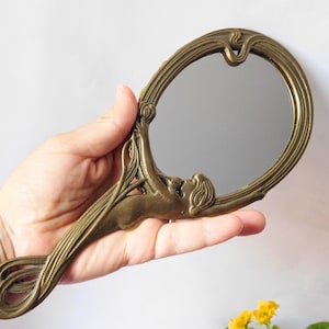 Vintage brass hand mirror "The Echo". Lovely brass mirror Italian Art Nouveau style. Makeup mirror. Dressing table mirror. Easter Gift.