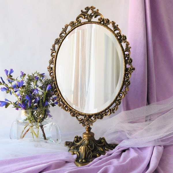 Vintage dressing table mirror brass. Vintage vanity mirror. Large table mirror, standing mirror antique style. Oval lady mirror bedroom