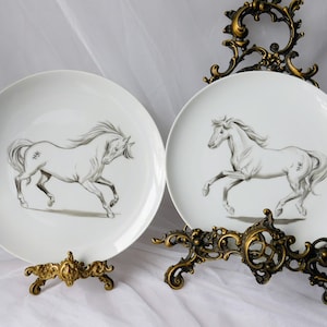 Collectable galloping horses plates. Collection hand-painted German Nymphenburg porcelain. Pax Gijon art objects, monochrome. Christmas gift