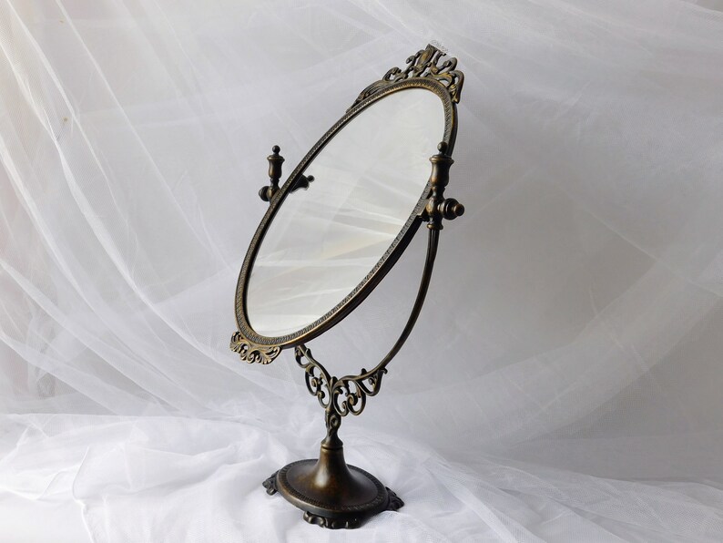 Vintage French Brass Vanity Mirror. Large Table Mirror, Standing Mirror Antique Style. Oval Lady