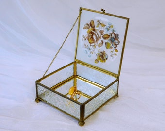 Vintage square clear box with mirror & floral decoration for display and showcase. Vintage box made of glass, brass with a door. Easter gift