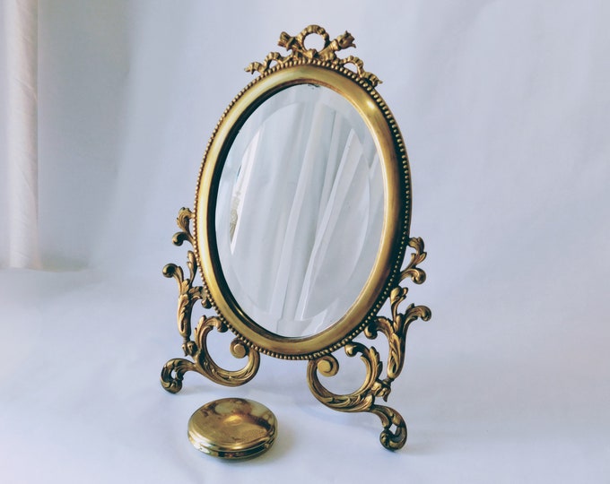 Vintage French Brass Vanity Mirror. Table Mirror, Standing Mirror Antique Style. Oval Lady