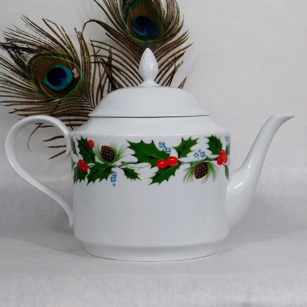 Vintage teapot Christmas ornament. Porcelain Christmas teapot. Porcelain Spal, Portugal. Large white ceramic teapot and Christmas ornament.