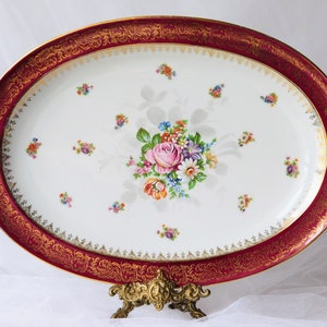 Luxurious large oval serving dish with roses and burgundy and gold rim. Dish Limoges France porcelain Unique 1928 s. Christmas Gift.