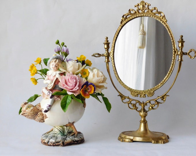 Vintage French Brass Vanity Mirror. Table Mirror, Standing Mirror Antique Style. Oval Lady