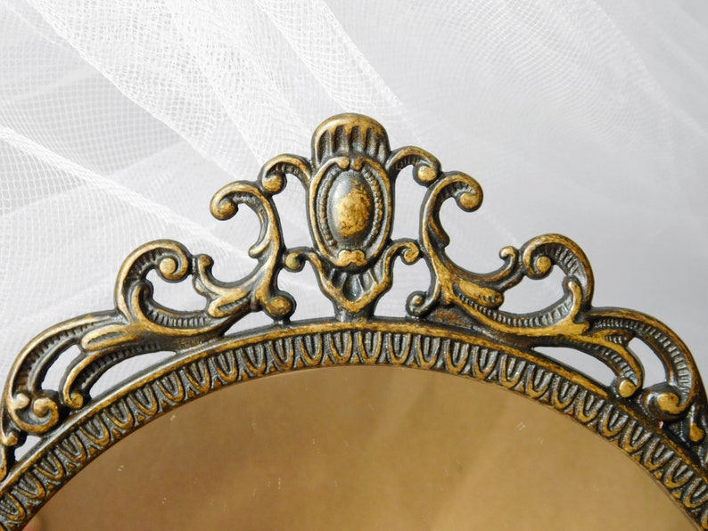 Vintage French Brass Vanity Mirror. Large Table Mirror, Standing Mirror Antique Style. Oval Lady