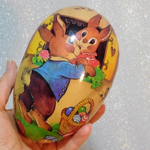 Zwei Hasen mit Osternest Vintage Osterei aus Pappmache. Geschenke Ostereier mit Hasen. Dekorative Eierschachtel. Handgefertigt in Deutschland. 15cm
