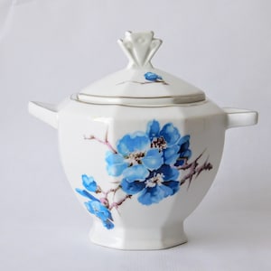 Art Deco fine French porcelain. Vintage coffee porcelain sugar bowl &quot;Limoges Unique&quot;. Sugar bowl delicate blue flowers and a silver border