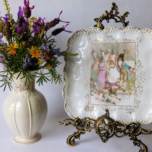 Antique porcelain plate Old Paris. Large square decorative plate with image  French nobility on a walk with a baby. Paris time of Napoleon.