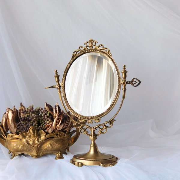 Vintage French brass vanity mirror. Large table mirror, standing mirror antique style. Oval lady mirror bedroom. Wedding gift Christmas Gift