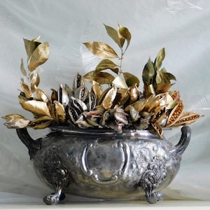 Antique French silver-colored planter. A large ornate flower pot. Center table decor. Fruit bowl. Antique home decor. Christmas gift.