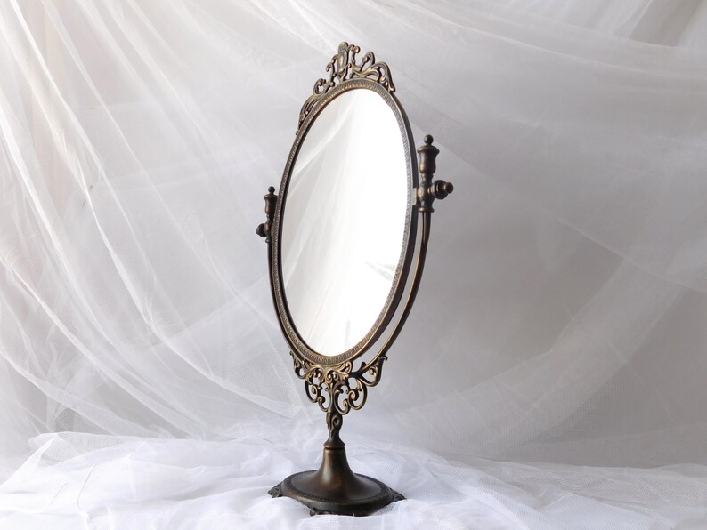 Vintage French Brass Vanity Mirror. Large Table Mirror, Standing Mirror Antique Style. Oval Lady