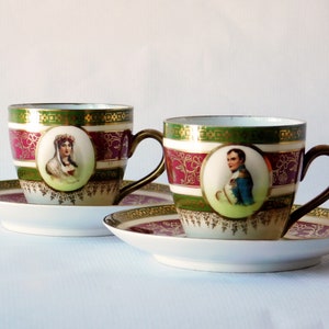 Antique MZ Austria couple porcelain cups and saucers Napoleon and Josephine portrait. Rare Moritz Zdekauer porcelain, Austria 1884 - 1909 ss