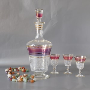 Vintage French Liqueur Set Carafe and Glasses on Legs. Vintage French Barware Set. Glassware Hand Painted. Vintage French Drinkware Set.