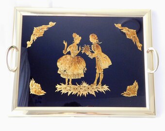 Vintage Italienisches Blattgold Tablett, Romantische Szene Dekor