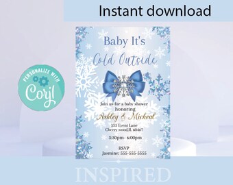 May include: A blue and white baby shower invitation with snowflakes and a blue bow with a snowflake in the center. The text reads "Baby It's Cold Outside" and includes the names "Ashley & Micheal", the date and time of the shower, and the RSVP information.