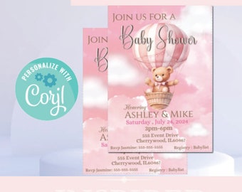 May include: A pink and white baby shower invitation with a cartoon teddy bear in a hot air balloon. The invitation says "Join us for a Baby Shower" and includes the names Ashley & Mike, the date Saturday, July 24, 2024, the time 3pm-6pm, the address 555 Event Drive Cherrywood, IL60467, and the RSVP information.