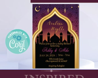 May include: A printable baby shower invitation with a gold and purple Arabian Nights theme. The invitation features a silhouette of a mosque and a crescent moon. The text reads "Arabian Nights" and "Please join us for a Baby Shower honoring Ashley & Mike".