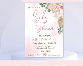 May include: A pink and green baby shower invitation with a floral design and the text "Join us for a Baby Shower Honoring Ashley & Mike Saturday, July 24, 2024 555 Event Drive Cherrywood, IL60467 3pm-6pm Registry: Babylist RSVP: 555.555.555"