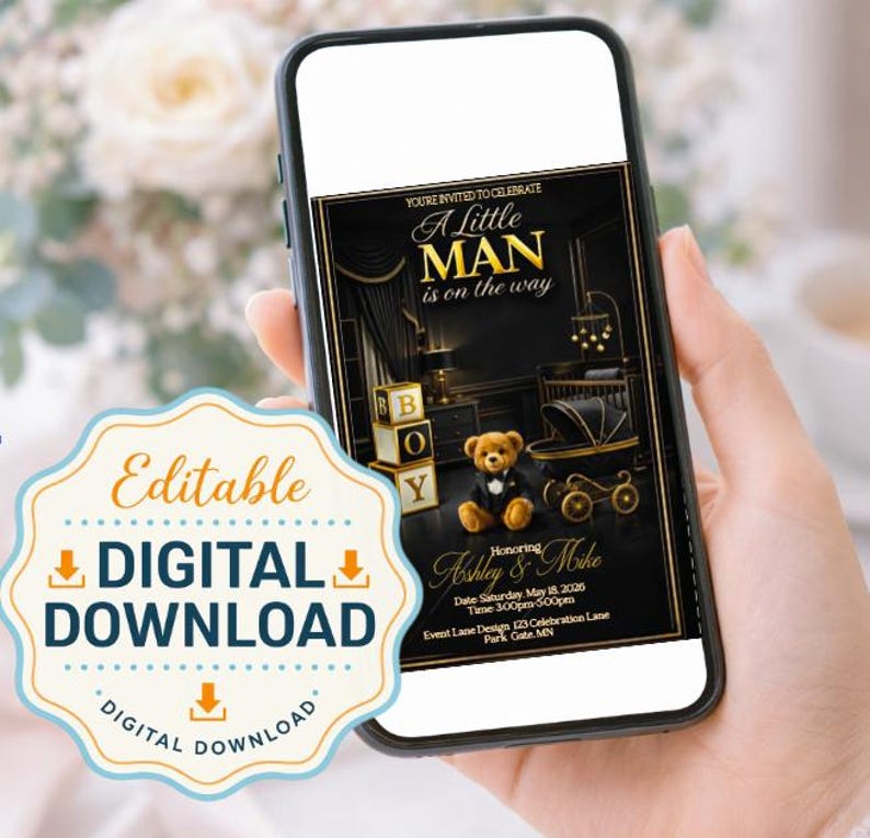 May include: A smartphone displays a baby shower invitation with the text "A Little Man is on the Way." The invitation features a teddy bear, a crib, and the names Ashley & Mike. A digital download badge is in the foreground.