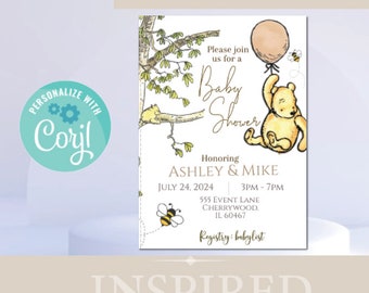 Winnie the pooh-  Invitation- White- with balloon