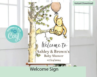 May include: A Winnie the Pooh themed welcome sign for a baby shower. The sign features a watercolor illustration of Winnie the Pooh holding a balloon and a bee flying below. The text on the sign reads "Welcome to Ashley & Brown's Baby Shower 07/24/2024".