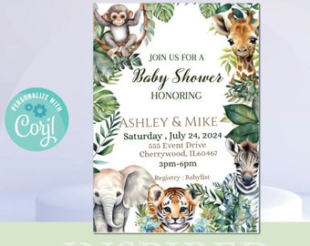 May include: A jungle-themed baby shower invitation with a green, leafy border. The invitation features a giraffe, zebra, monkey, tiger, and elephant. The text reads "Join us for a Baby Shower Honoring Ashley & Mike Saturday, July 24, 2024 555 Event Drive Cherrywood, IL60467 3pm-6pm Registry: Babylist"