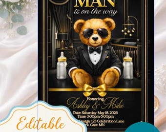 May include: A digital download invitation featuring a teddy bear wearing sunglasses and a tuxedo. The invitation text reads "A Little Man is on the way" and includes event details. The design is black and gold.
