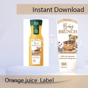 May include: A label for a bottle of Baby Brunch 100% Pure Squeezed Pasteurized Orange Juice. The label is light brown with a cartoon bear and pancakes. The text on the label reads "Pulp Free", "Baby Brunch", "Not from concentrate", "100% Pure Squeezed Pasteurized Orange Juice", and "160 Calories".