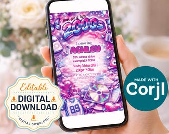 May include: A smartphone displays a digital invitation with a 2000s theme. The invitation features the name "ASHLEY", event details, and the text "DIGITAL DOWNLOAD". The design includes hearts, a jersey with the number 89, and a CD.