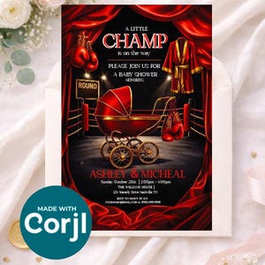 May include: A baby shower invitation with a boxing theme. The invitation features a red and gold baby carriage, boxing gloves, and a robe. Text includes "A Little Champ is on the way" and event details.