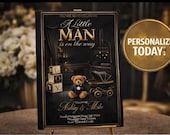 Little Man Baby Shower Invitation | Black Gold White Teddy Bear Invite | Luxury Boy Baby Shower | Printable