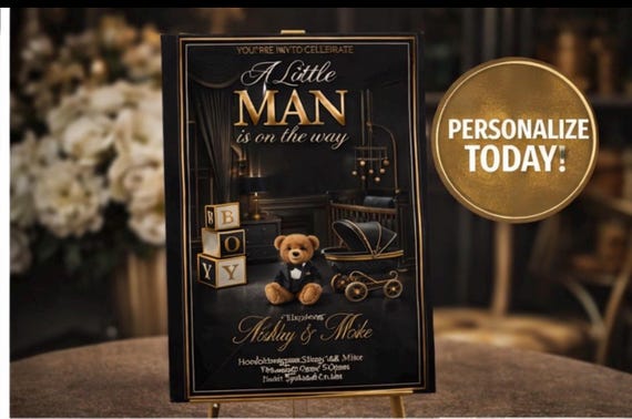 Little Man Baby Shower Invitation | Black Gold White Teddy Bear Invite | Luxury Boy Baby Shower | Printable