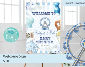 May include: Blue and white welcome sign for a baby shower with a carnival theme. The sign features a Ferris wheel, a pretzel, popcorn, and a tent. The text on the sign reads "Welcome to Ashley & Mike's Baby Shower 07.24.2024".