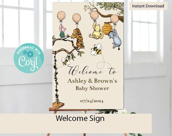May include: A Winnie the Pooh themed baby shower welcome sign with a beige background. The sign features Winnie the Pooh, Tigger, Piglet, and Eeyore characters. The text on the sign reads "Welcome to Ashley & Brown's Baby Shower 07/24/2024".