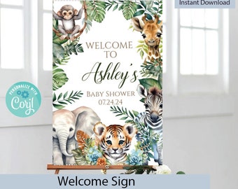 May include: A baby shower welcome sign featuring watercolor illustrations of jungle animals, including a monkey, giraffe, zebra, elephant, and tiger. The sign reads "Welcome to Ashley's Baby Shower 07.24.24". The sign is on a wooden easel.