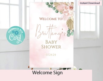 May include: A pink and green welcome sign for a baby shower. The sign reads "Welcome to Brittany's Baby Shower" with a date of 072424. The sign features a floral design with greenery and a watercolour background.