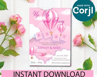 Könnte beinhalten: Rosa Babyparty-Einladung mit Heißluftballons, Wolken und dem Text "Up, Up and Away". Die Einladung enthält Details für die Babyparty von Ashley & Mike, mit Datum, Uhrzeit und Ort.