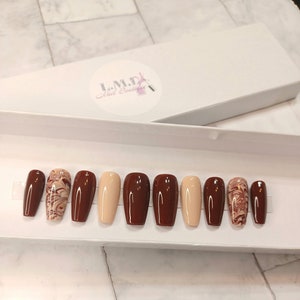 Chocolate Marble | Medium Coffin | Press on Nails