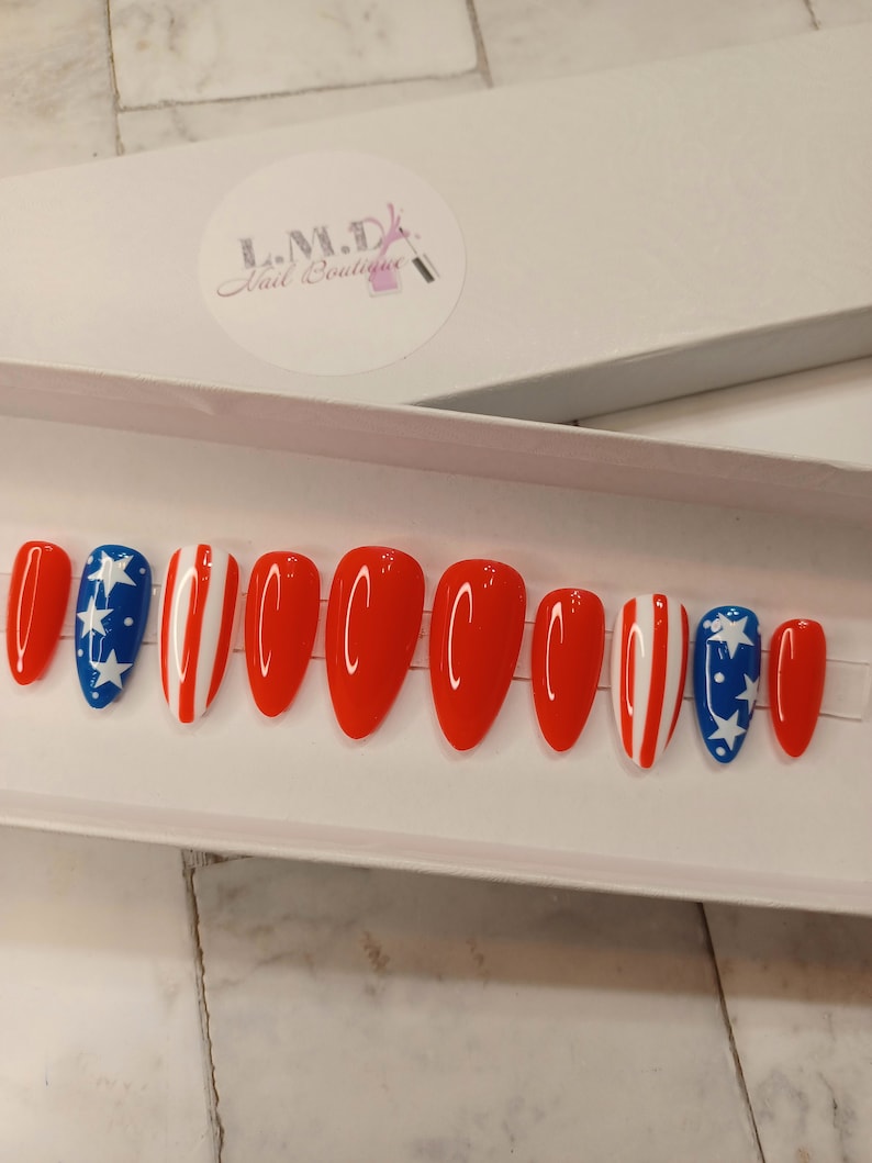 Red White and Blue 2 Medium Almond Press on Nails image 1