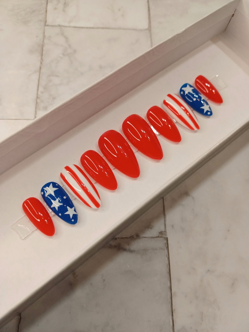 Red White and Blue 2 Medium Almond Press on Nails image 3