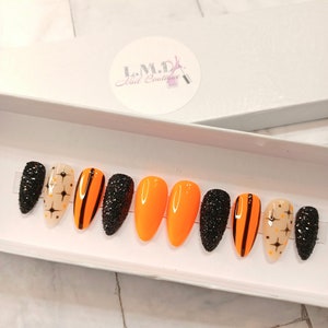 Orange and Black | Glitter| Press on Nails